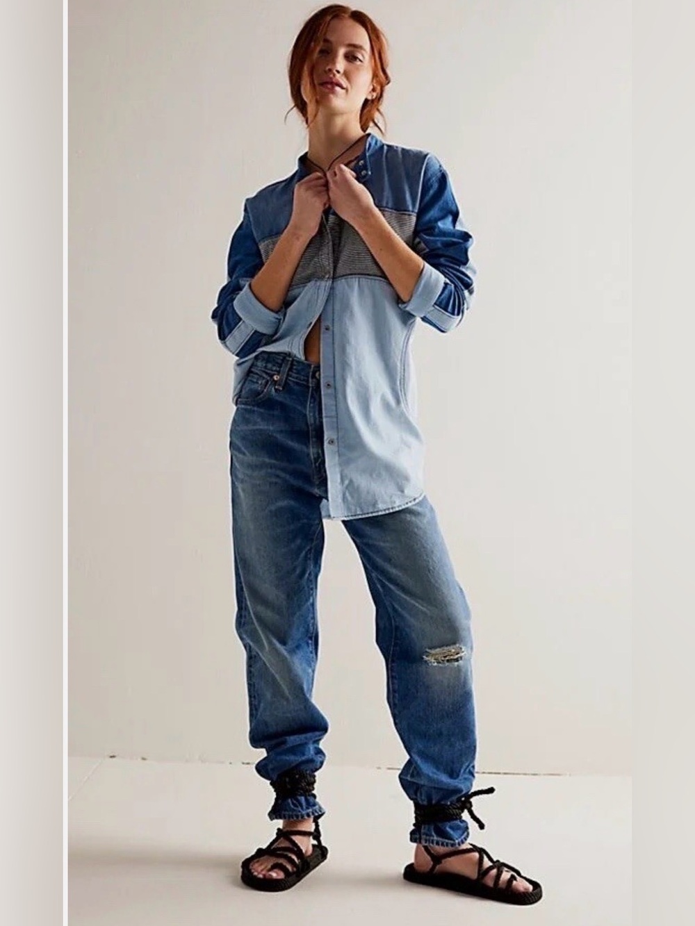 πB655. Free People We The Free Moto Colorblock Oversized Shirt - Picture 2 of 2